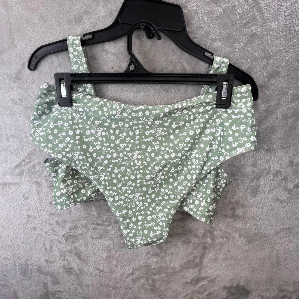 Sage Green Floral Ditsy High‎ Waisted Bikini Set V-Neck Twist Front Two-Piece